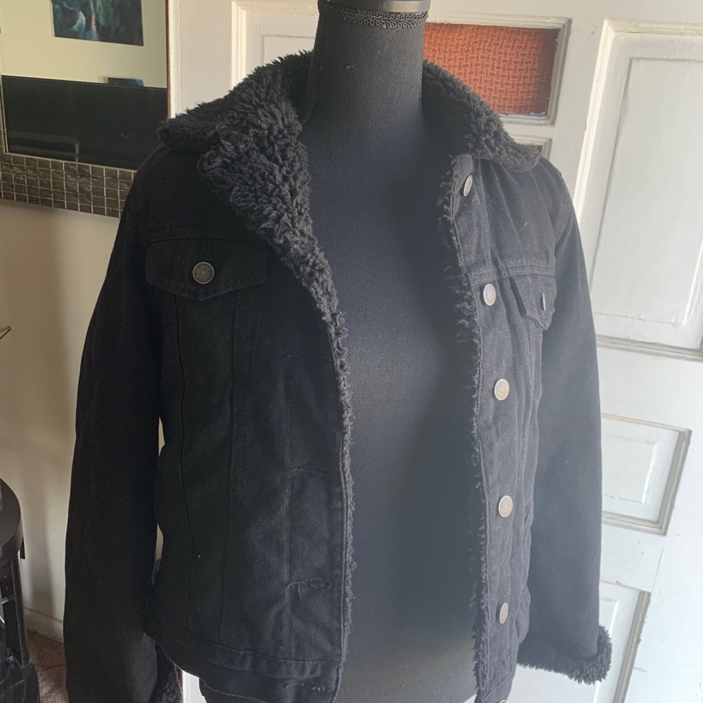 Black Denim Jacket with Fleece Collar